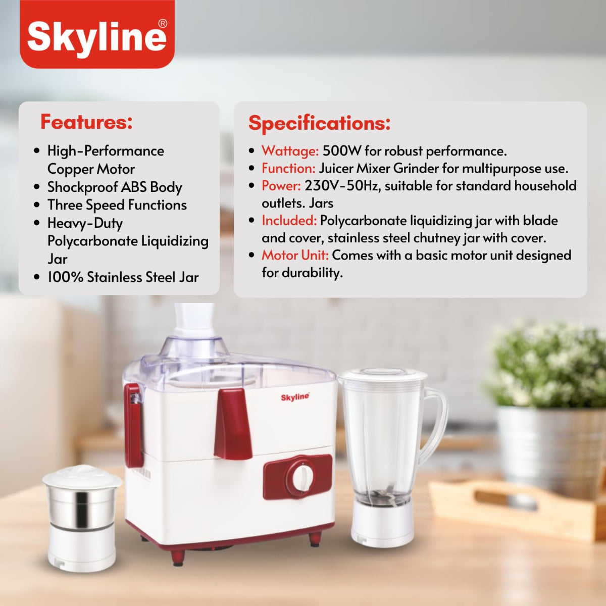 Skyline 500W Juicer Mixer Grinder with 2 Jars High-Performance Motor - VTL-6000