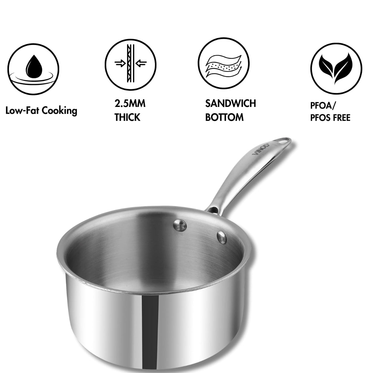 Vinod Platinum Triply Stainless Steel Milkpan - 1.5 Litre, 16 cm | Easy Pour Spout | Induction Base, Silver - PTMP16