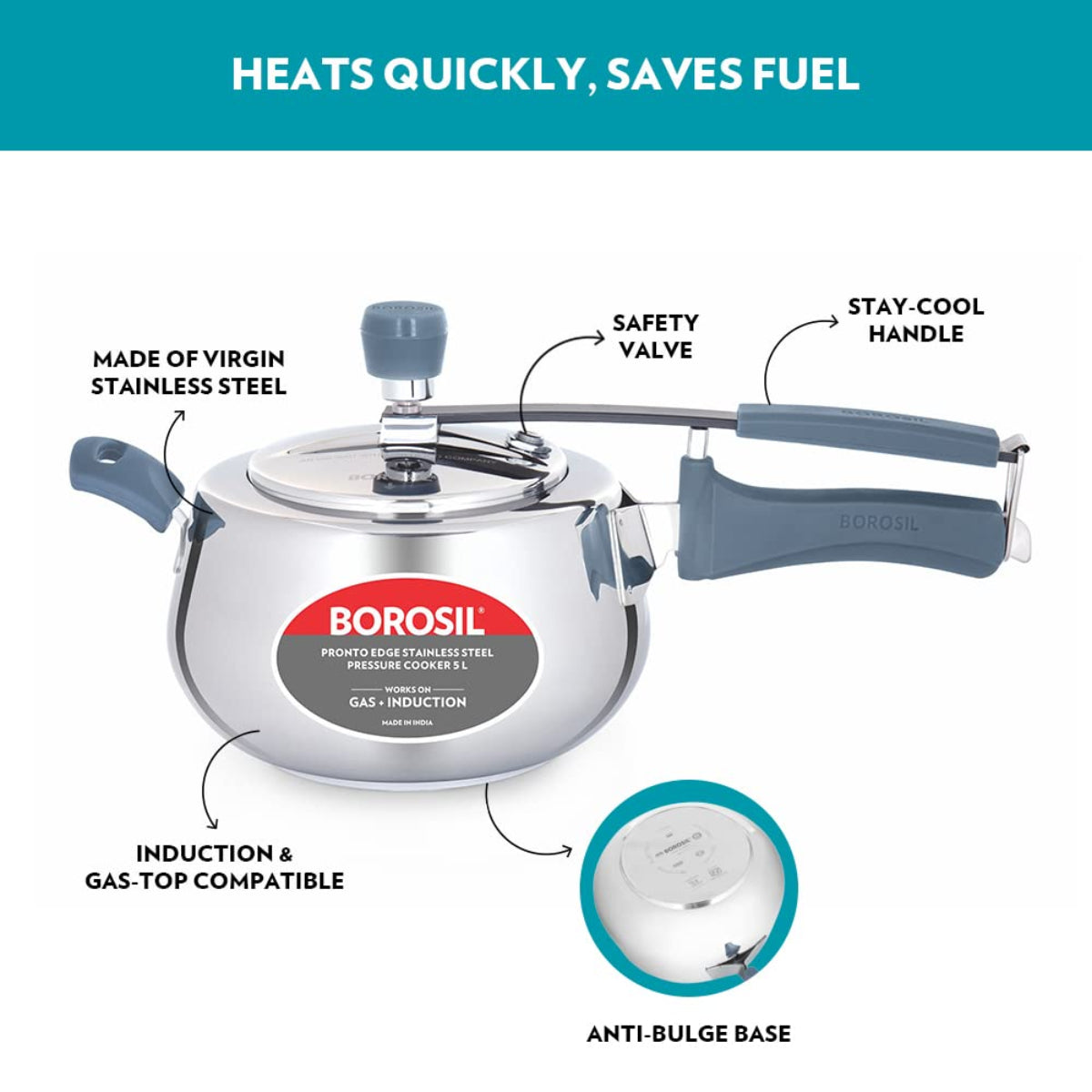 Borosil Pronto Edge Stainless Steel 5 Liter Pressure Cooker, Induction - CFPC5LSS09