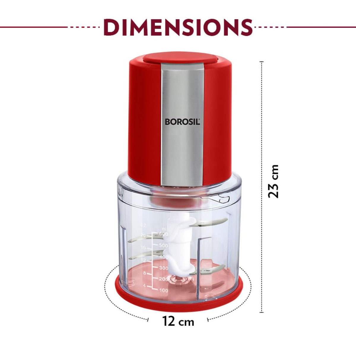 Borosil Chef Delite 300 Watts Electric Chopper with 2 Blade Sets, Red - BCH20DBB22