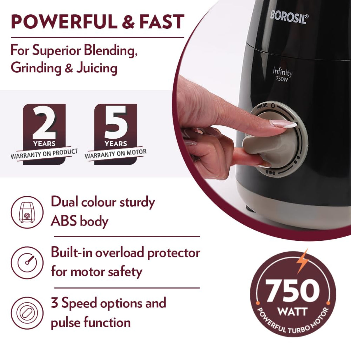 Borosil Infinity 750 Watts Mixer Grinder with 3 Stainless Steel Jars - HAMG03