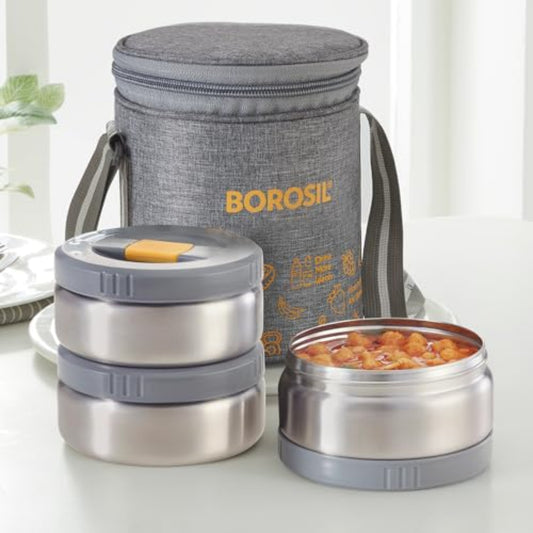 Borosil MealMate Stainless Steel Lunchbox with Bag | 3 pcs Set (370 ml Each) | Single Wall Lunch Box with Food Grade Steel | Leakproof & Dishwasher Safe | 1 Year Warranty