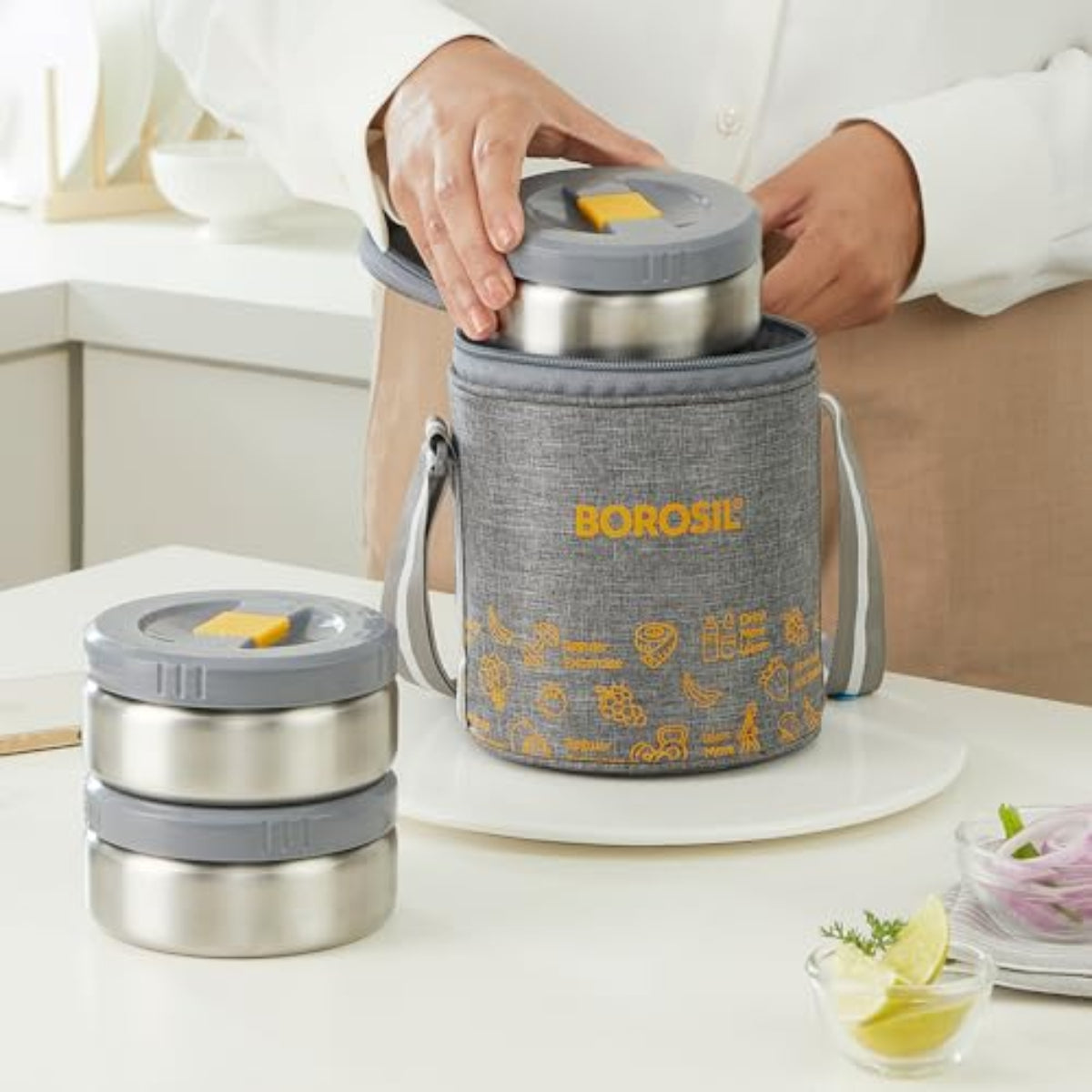 Borosil MealMate Stainless Steel Lunchbox with Bag | 3 pcs Set (370 ml Each) | Single Wall Lunch Box with Food Grade Steel | Leakproof & Dishwasher Safe | 1 Year Warranty