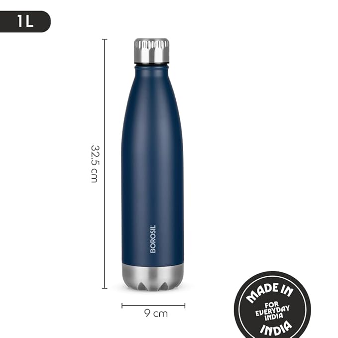 Borosil Hydra Bolt Matte Blue and Black Stainless Steel Water Bottle | 24 Hours Hot and Cold