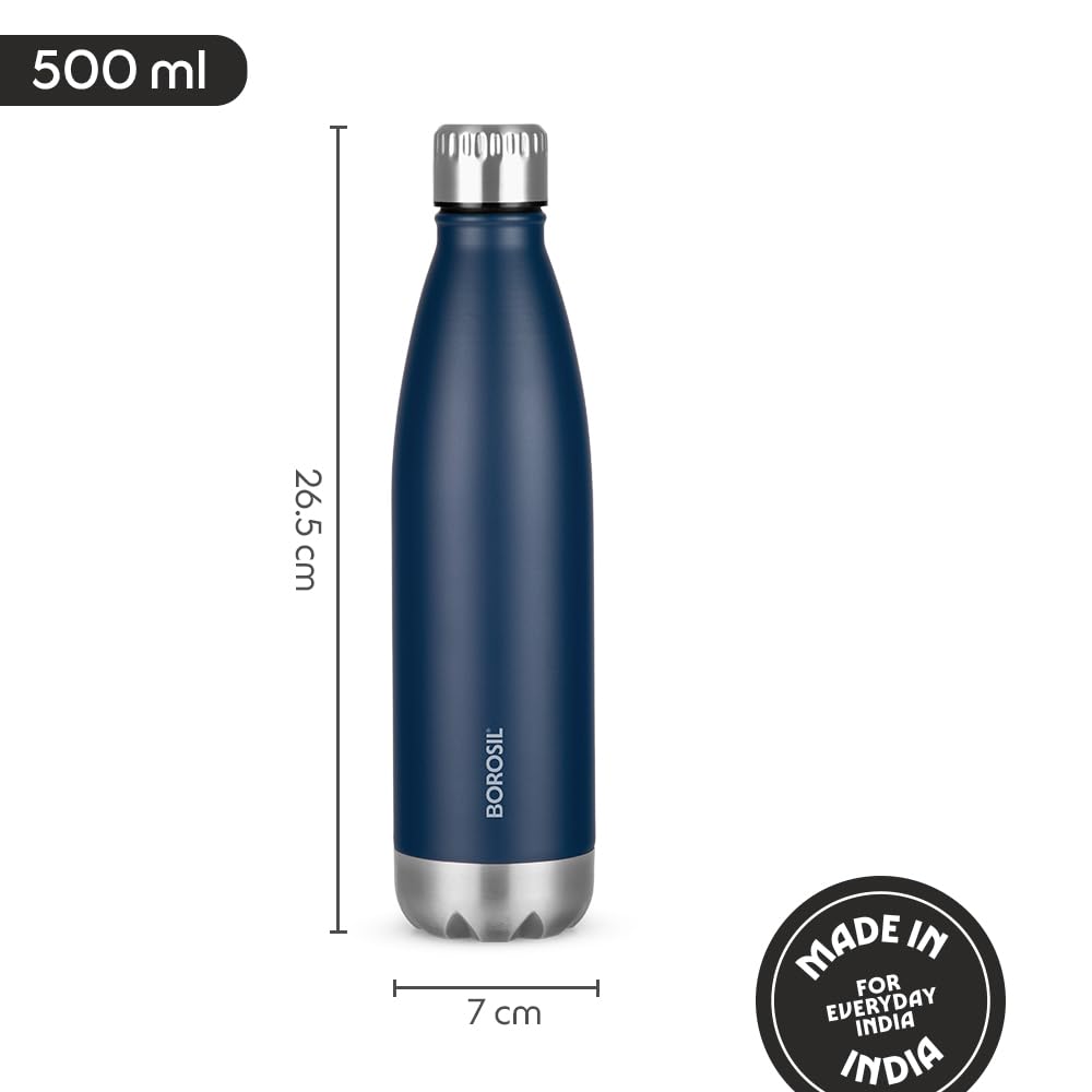 Borosil Hydra Bolt Matte Blue and Black Stainless Steel Water Bottle | 24 Hours Hot and Cold