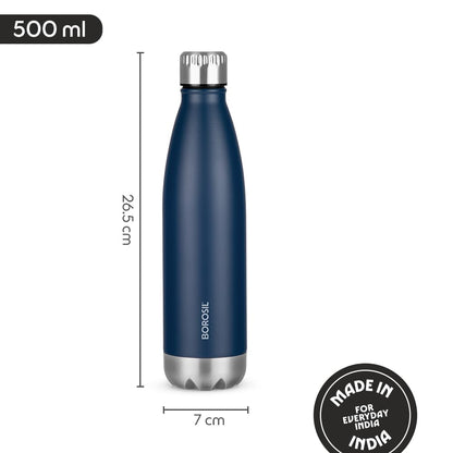 Borosil Hydra Bolt Matte Blue and Black Stainless Steel Water Bottle | 24 Hours Hot and Cold