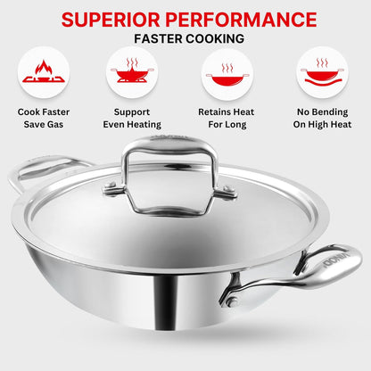 Vinod Platinum Triply Stainless Steel Extra Deep Kadhai With Stainless Steel Lid 5.5L (30 cm) Induction Base - EDPTKD30