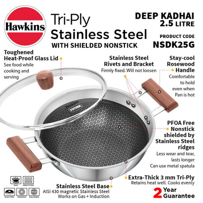 Hawkins 2.5L Triply SS Steel Shielded Nonstick Deep-Fry Pan with Glass Lid & Wooden Handle, Induction - NSDK25G