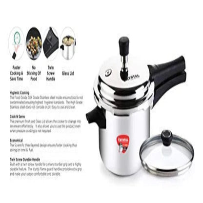 Crystal Tri-Pro Triply SS 2L Pressure Cooker with Additional Glass Lid, Induction - CPC-021