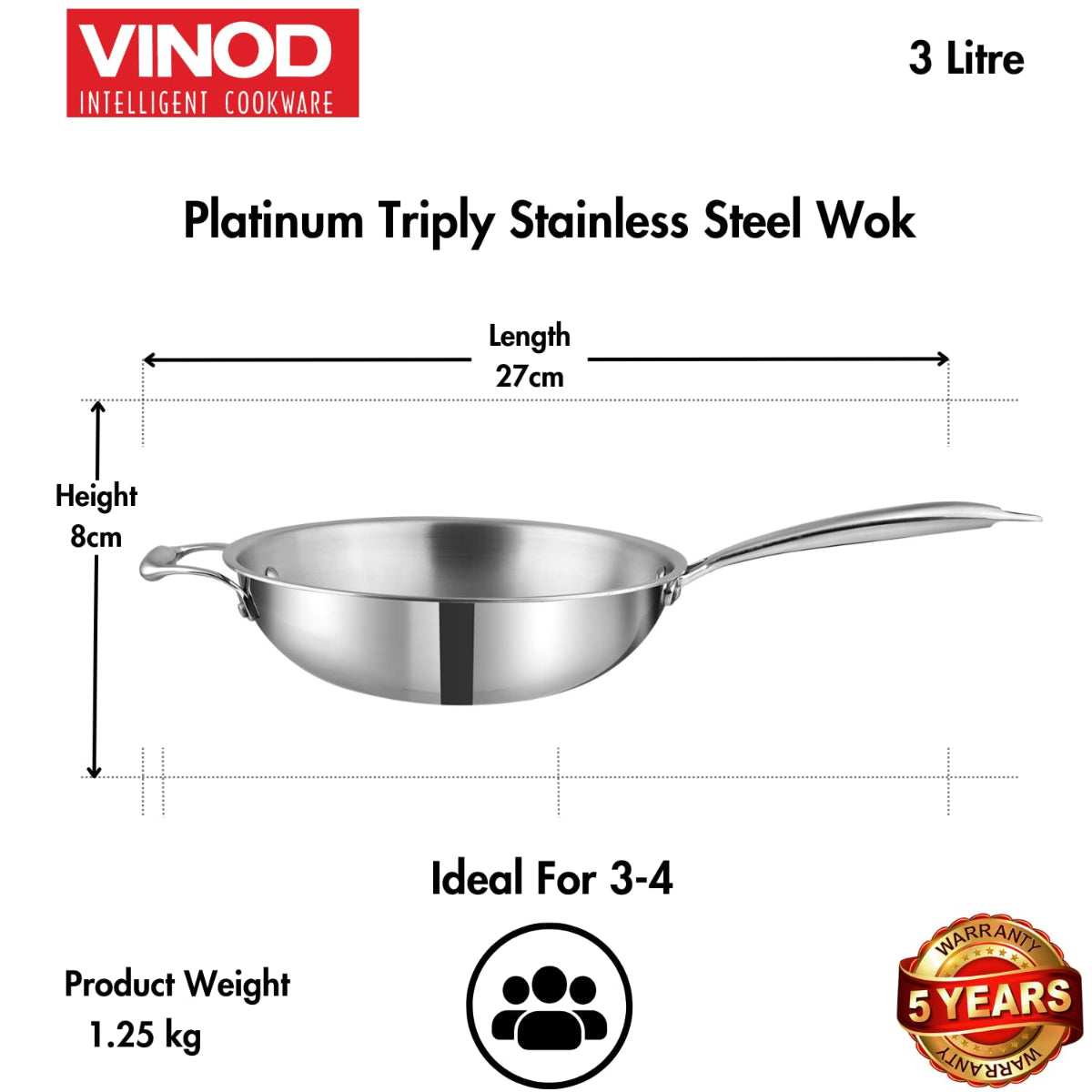 Vinod Platinum Triply Stainless Steel Wok - 3 Litre, 26 cm | Induction Base, Silver - PTWK26