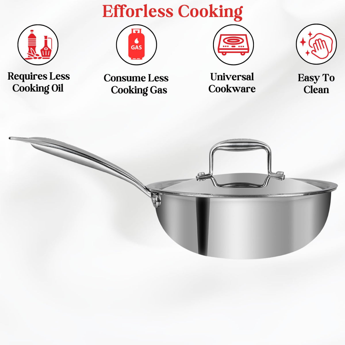 Vinod Platinum Triply Stainless Steel Deep Frypan with Stainless Steel Lid 22 cm | Induction Friendly, Silver -  PTDF22