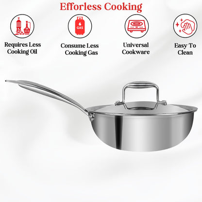 Vinod Platinum Triply Stainless Steel Deep Frypan with Stainless Steel Lid 22 cm | Induction Friendly, Silver -  PTDF22