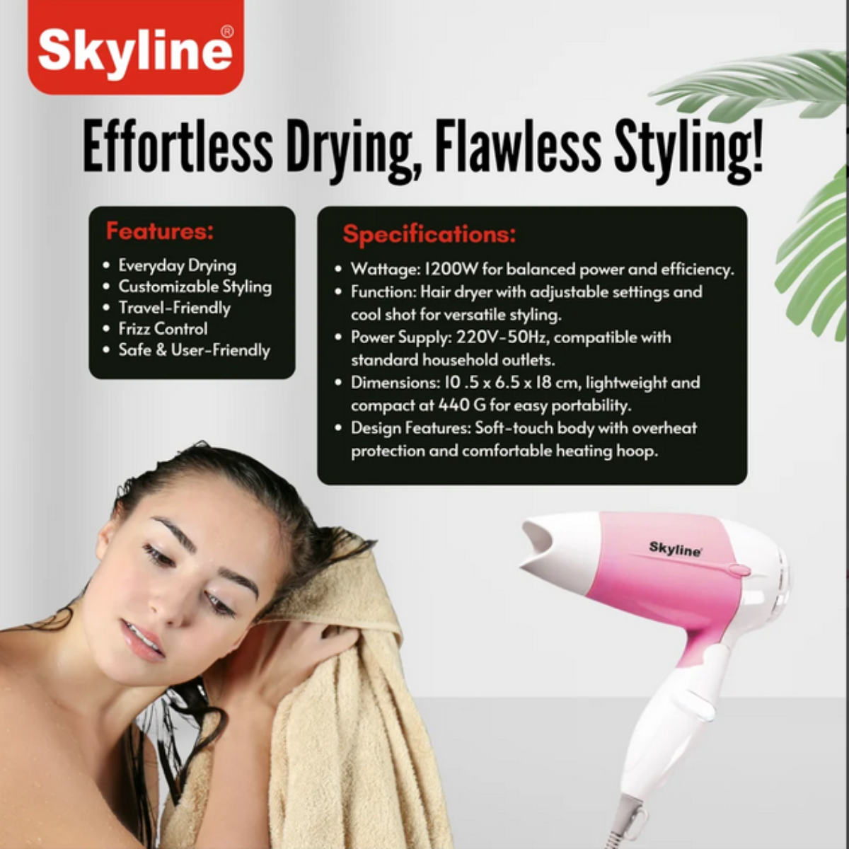 Skyline 700 Watts Hair Dryer with Cool Shot & Foldable Handle, Pink & White - VTL-8383