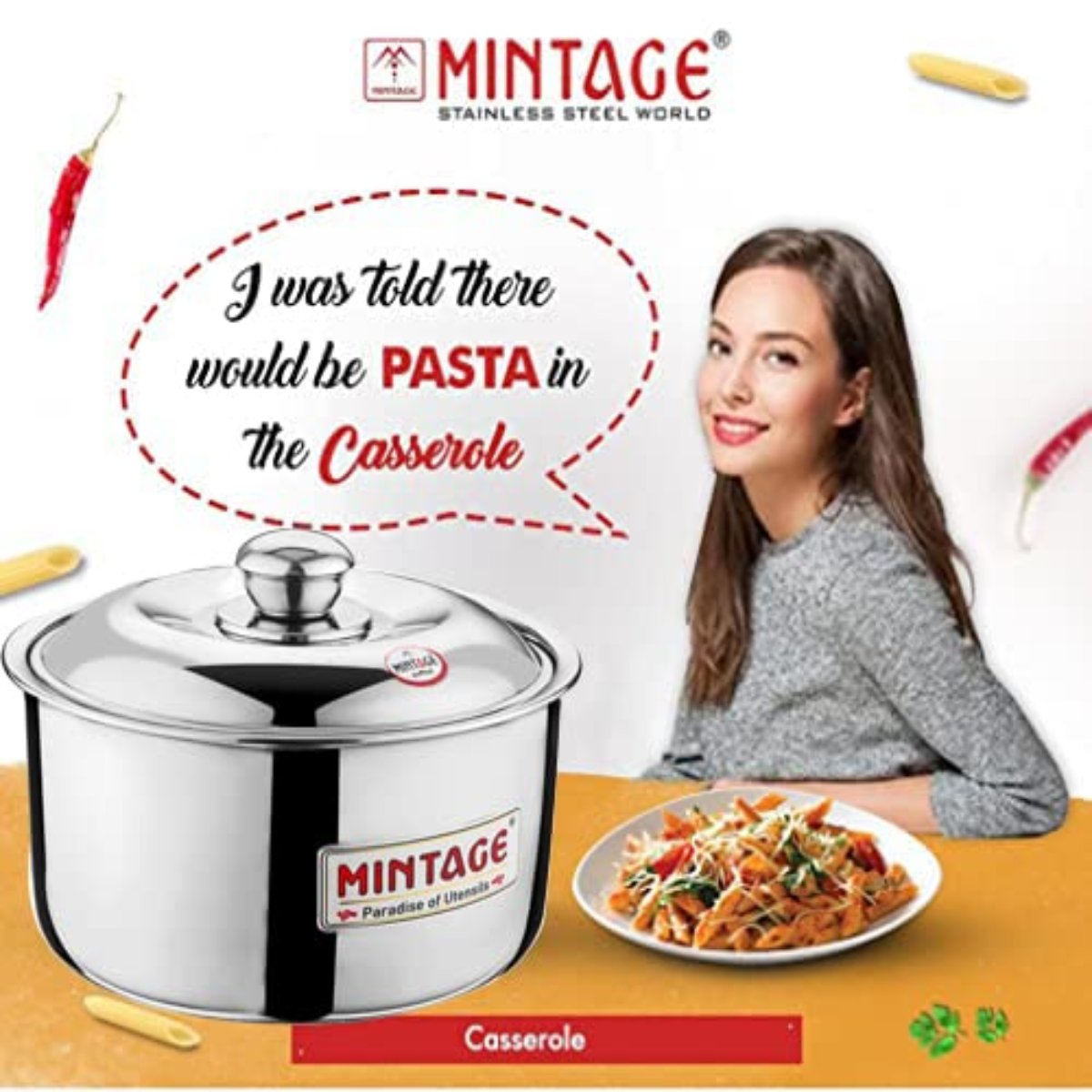 Mintage Fiesta Casserole with Stainless Steel Lid 1500 ml Small, Silver - HCF-15