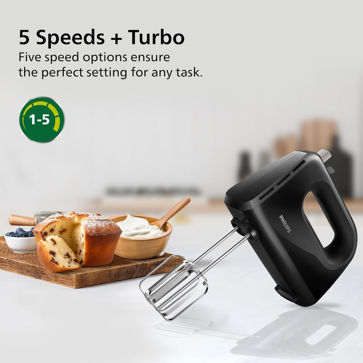 Philips Daily Hand Mixer 300W 5 Speed Control Settings, Black - HR3705/10