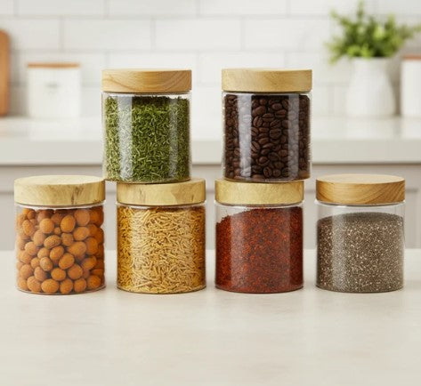 Pearlpet jars Coral Jars with Wooden like caps |Light brown| Set of 6