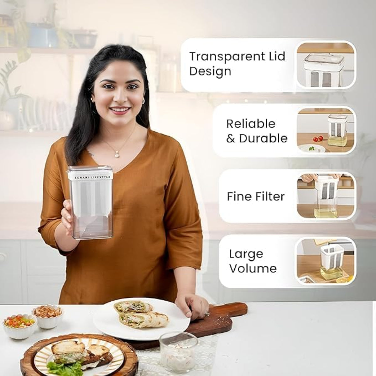 Greek Yogurt Filter – 1100ml Yogurt Filter with Fine Mesh & Lid | BPA-Free Curd Maker & Yogurt Strainer | Ideal for Homemade Greek Yogurt, Hung Curd, Cheese, Juice & More