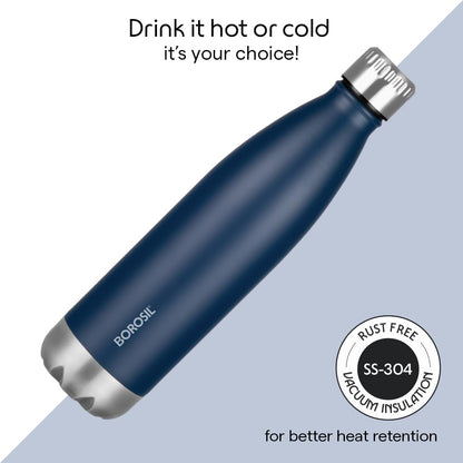 Borosil Hydra Bolt Matte Blue and Black Stainless Steel Water Bottle | 24 Hours Hot and Cold