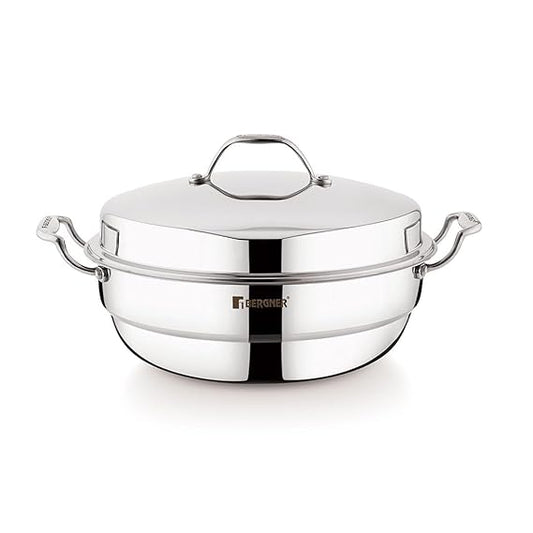 Bergner Argent Triply Multi Kadai 28cm, 6L Idli, Dhokla & Steam Set