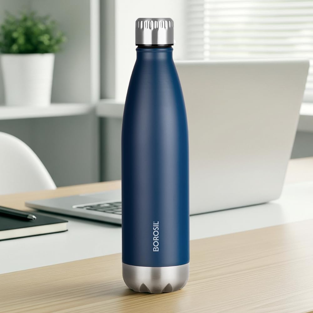 Borosil Hydra Bolt Matte Blue and Black Stainless Steel Water Bottle | 24 Hours Hot and Cold