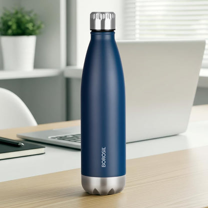 Borosil Hydra Bolt Matte Blue and Black Stainless Steel Water Bottle | 24 Hours Hot and Cold