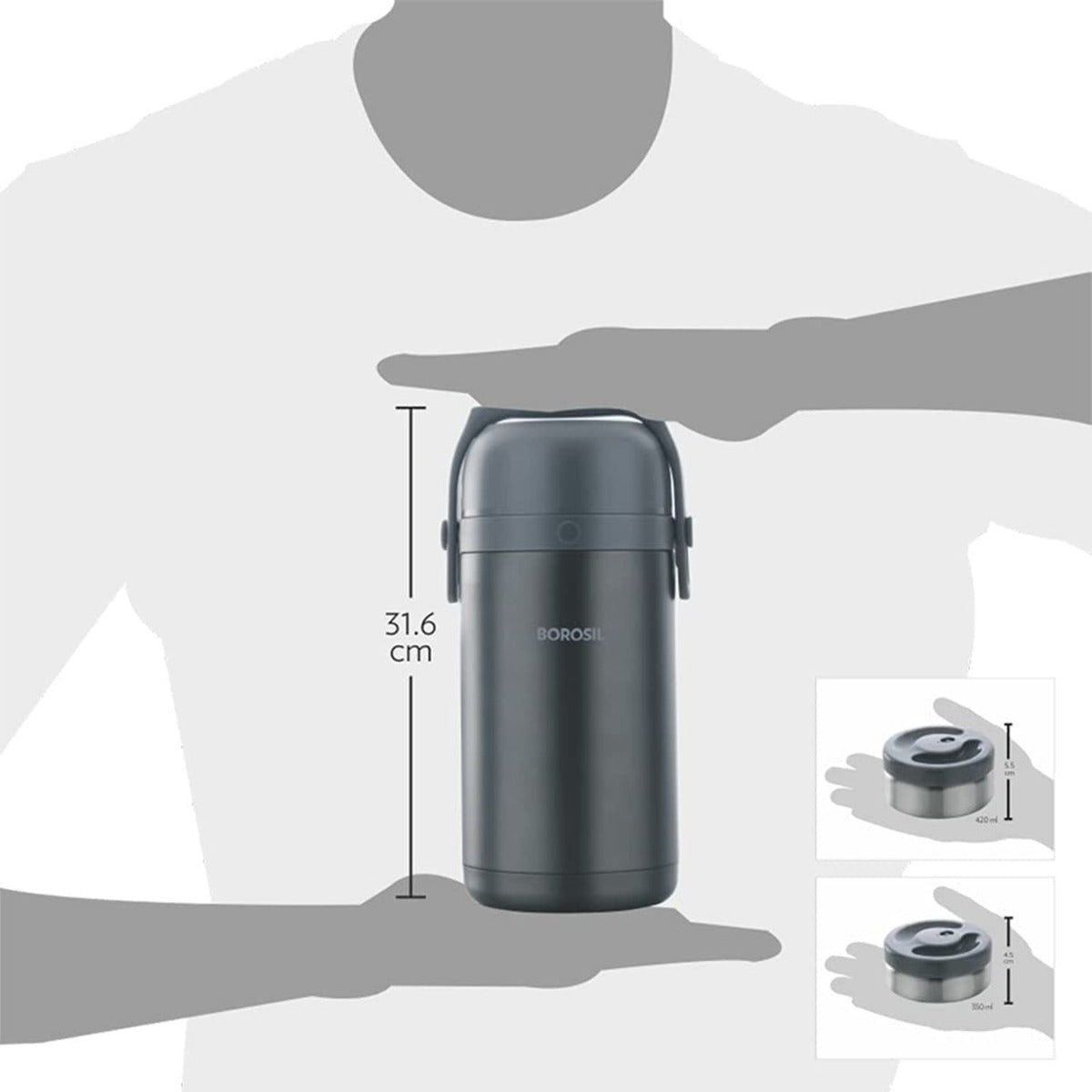 Borosil - Hot-N-Fresh Stainless Steel Insulated Lunch Box, Set of 4 (2pcs 350 ml + 2pcs 420 ml)