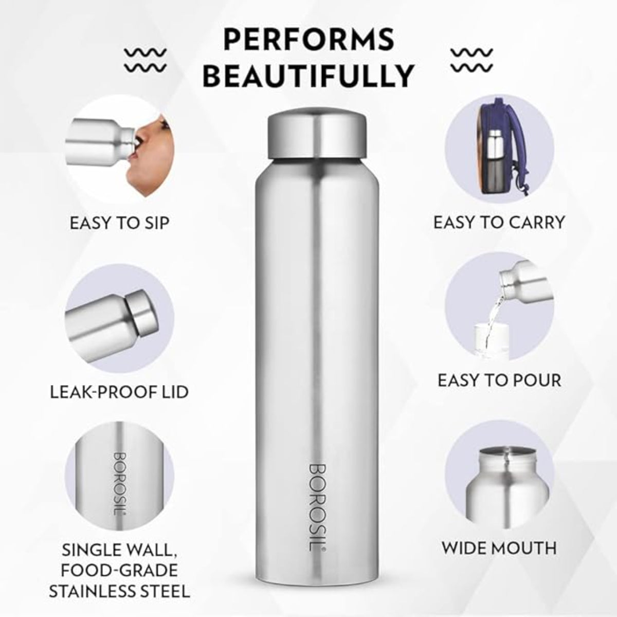 Borosil 1000 ml Hydra Aquaslim Stainless Steel Water Bottle | ISI | Leakproof