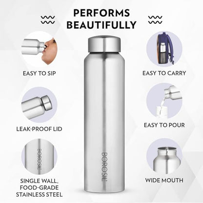 Borosil 1000 ml Hydra Aquaslim Stainless Steel Water Bottle | ISI | Leakproof
