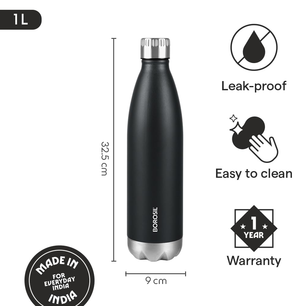 Borosil Hydra Bolt Matte Blue and Black Stainless Steel Water Bottle | 24 Hours Hot and Cold
