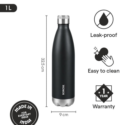 Borosil Hydra Bolt Matte Blue and Black Stainless Steel Water Bottle | 24 Hours Hot and Cold