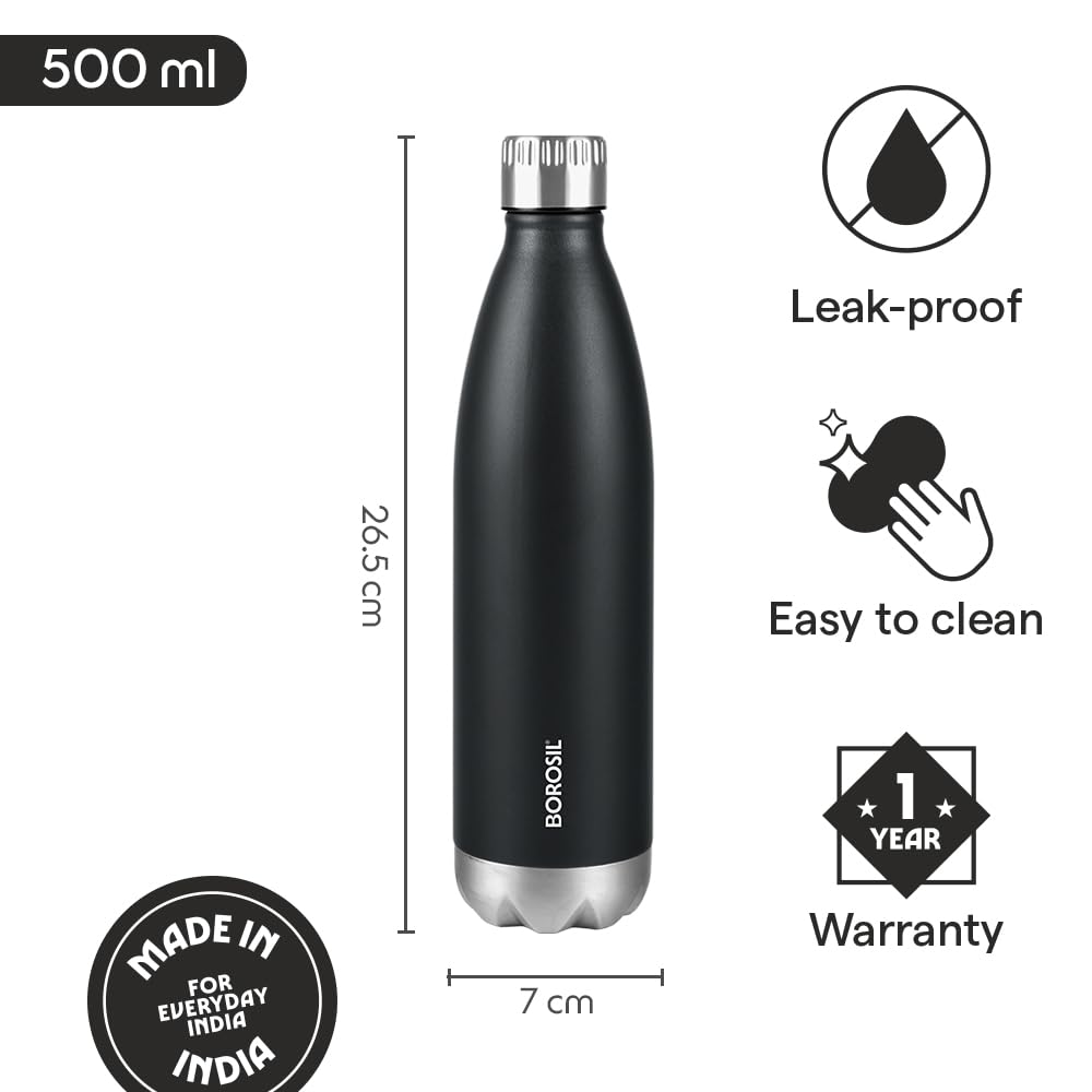 Borosil Hydra Bolt Matte Blue and Black Stainless Steel Water Bottle | 24 Hours Hot and Cold