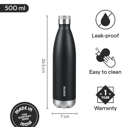 Borosil Hydra Bolt Matte Blue and Black Stainless Steel Water Bottle | 24 Hours Hot and Cold