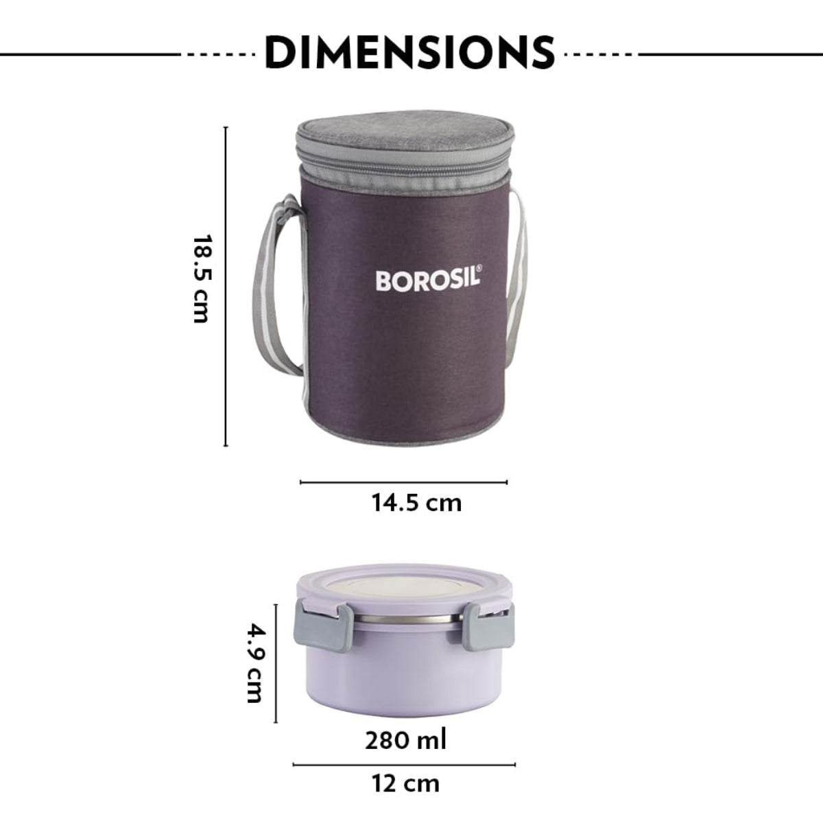 Borosil Glory Lavender Stainless Steel Lunchbox with Bag | 3 pcs Round Container Set (280ml Each) | Microwavable Tiffin with Food Grade Steel | Leakproof & Dishwasher Safe | 1 Year Warranty