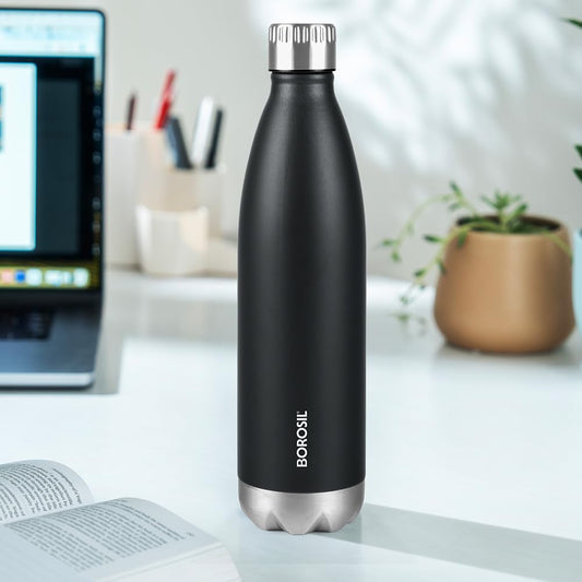 Borosil Hydra Bolt Matte Blue and Black Stainless Steel Water Bottle | 24 Hours Hot and Cold