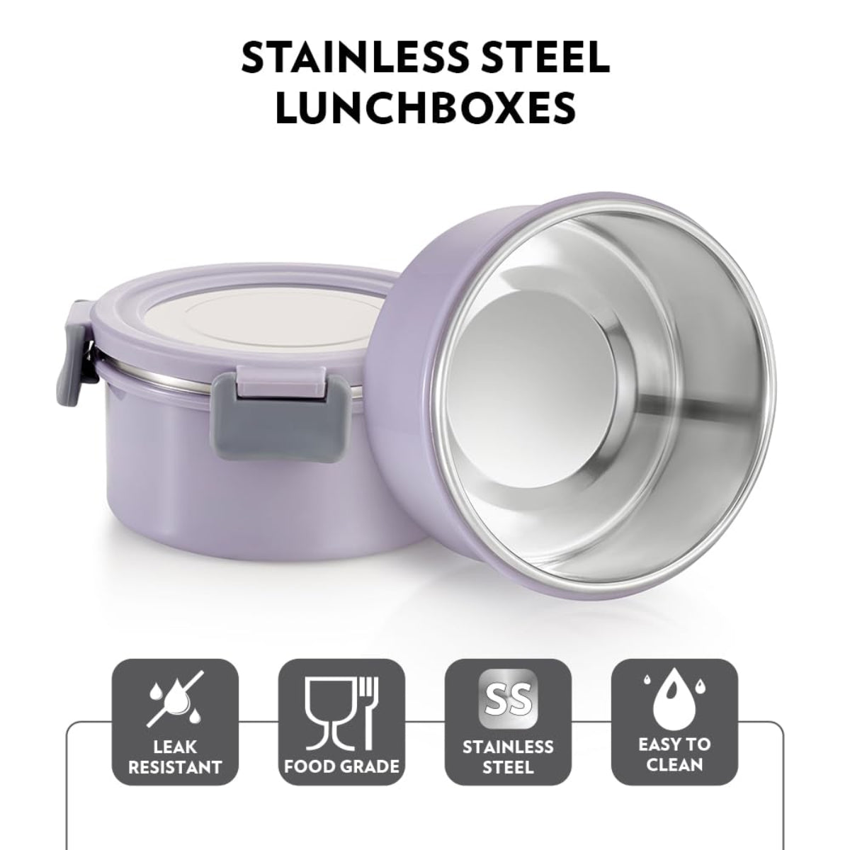 Borosil Glory Lavender Stainless Steel Lunchbox with Bag | 3 pcs Round Container Set (280ml Each) | Microwavable Tiffin with Food Grade Steel | Leakproof & Dishwasher Safe | 1 Year Warranty