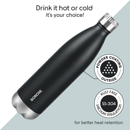 Borosil Hydra Bolt Matte Blue and Black Stainless Steel Water Bottle | 24 Hours Hot and Cold