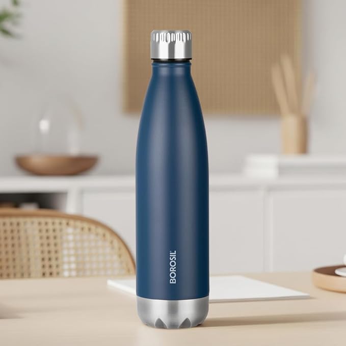 Borosil Hydra Bolt Matte Blue and Black Stainless Steel Water Bottle | 24 Hours Hot and Cold