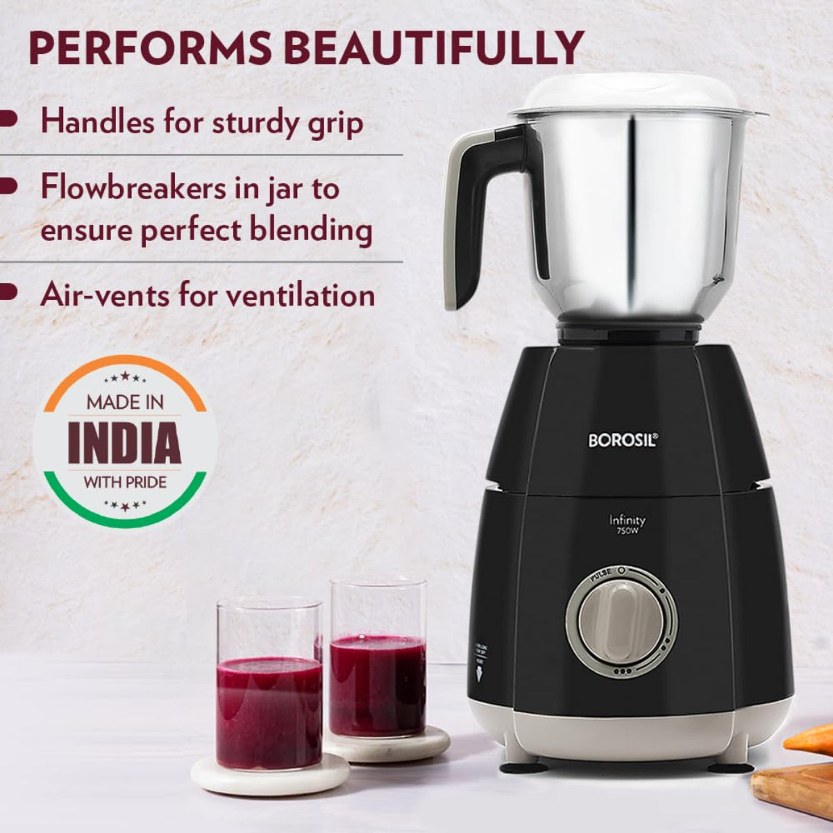 Borosil Infinity 750 Watts Mixer Grinder with 3 Stainless Steel Jars - HAMG03