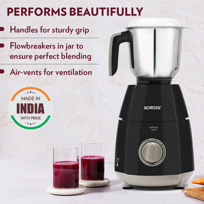 Borosil Infinity 750 Watts Mixer Grinder with 3 Stainless Steel Jars - HAMG03