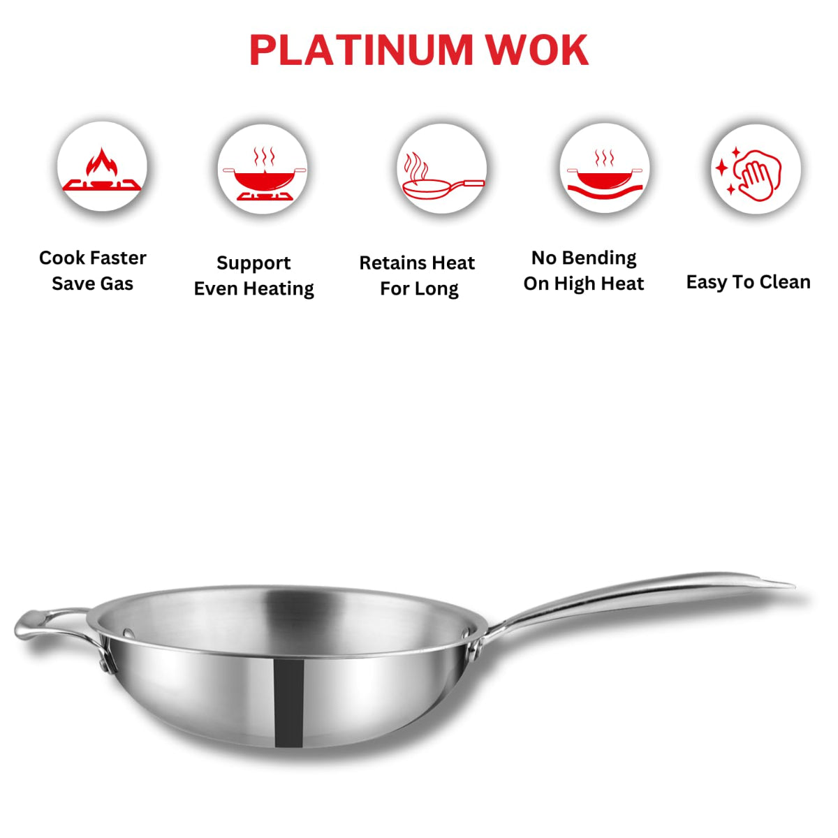 Vinod Platinum Triply Stainless Steel Wok - 3 Litre, 26 cm | Induction Base, Silver - PTWK26