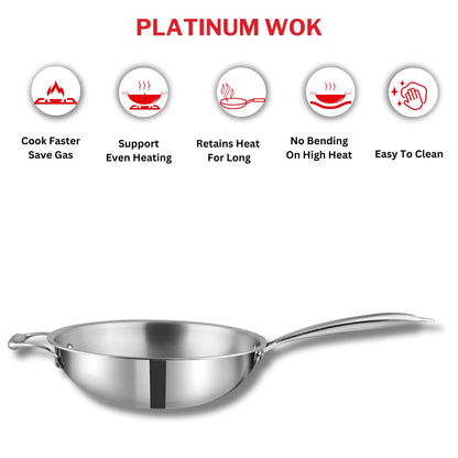 Vinod Platinum Triply Stainless Steel Wok - 3 Litre, 26 cm | Induction Base, Silver - PTWK26
