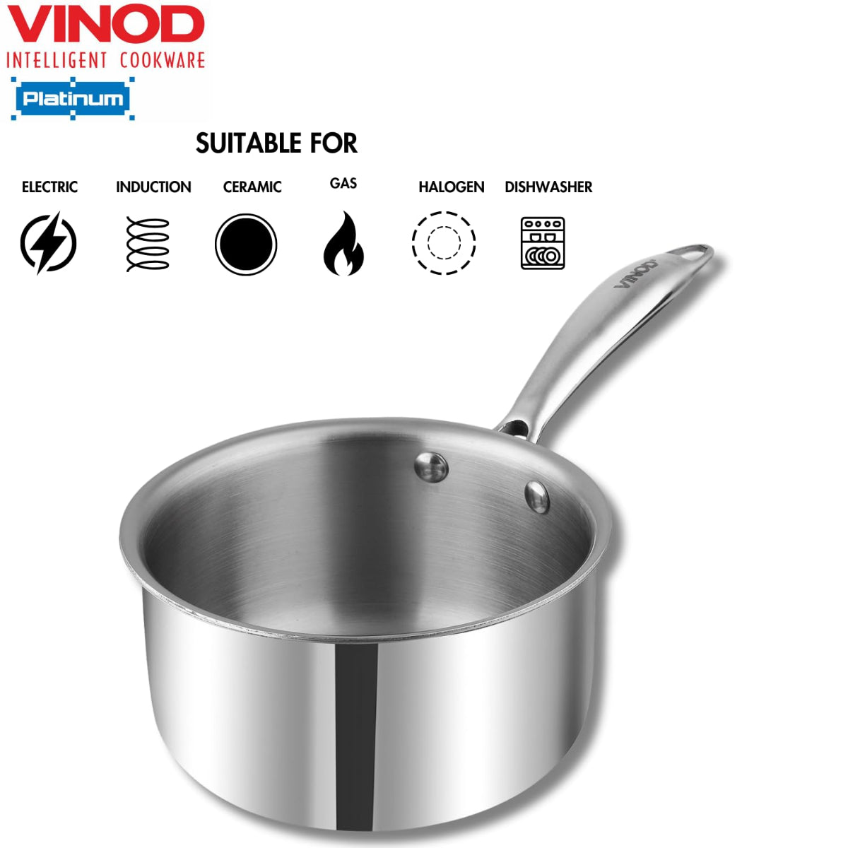 Vinod Platinum Triply Stainless Steel Milkpan - 1.5 Litre, 16 cm | Easy Pour Spout | Induction Base, Silver - PTMP16