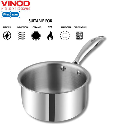Vinod Platinum Triply Stainless Steel Milkpan - 1.5 Litre, 16 cm | Easy Pour Spout | Induction Base, Silver - PTMP16