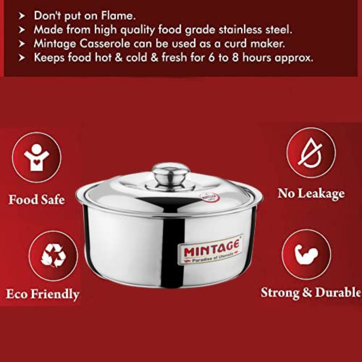 Mintage Fiesta Casserole with Stainless Steel Lid 1500 ml Small, Silver - HCF-15