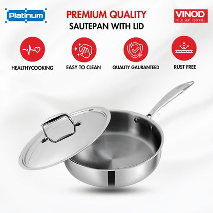 Vinod Platinum Triply Stainless Steel Sautepan with Stainless Steel Lid 2.6 Liter, 24 cm | Induction Friendly, Silver - PSTP24