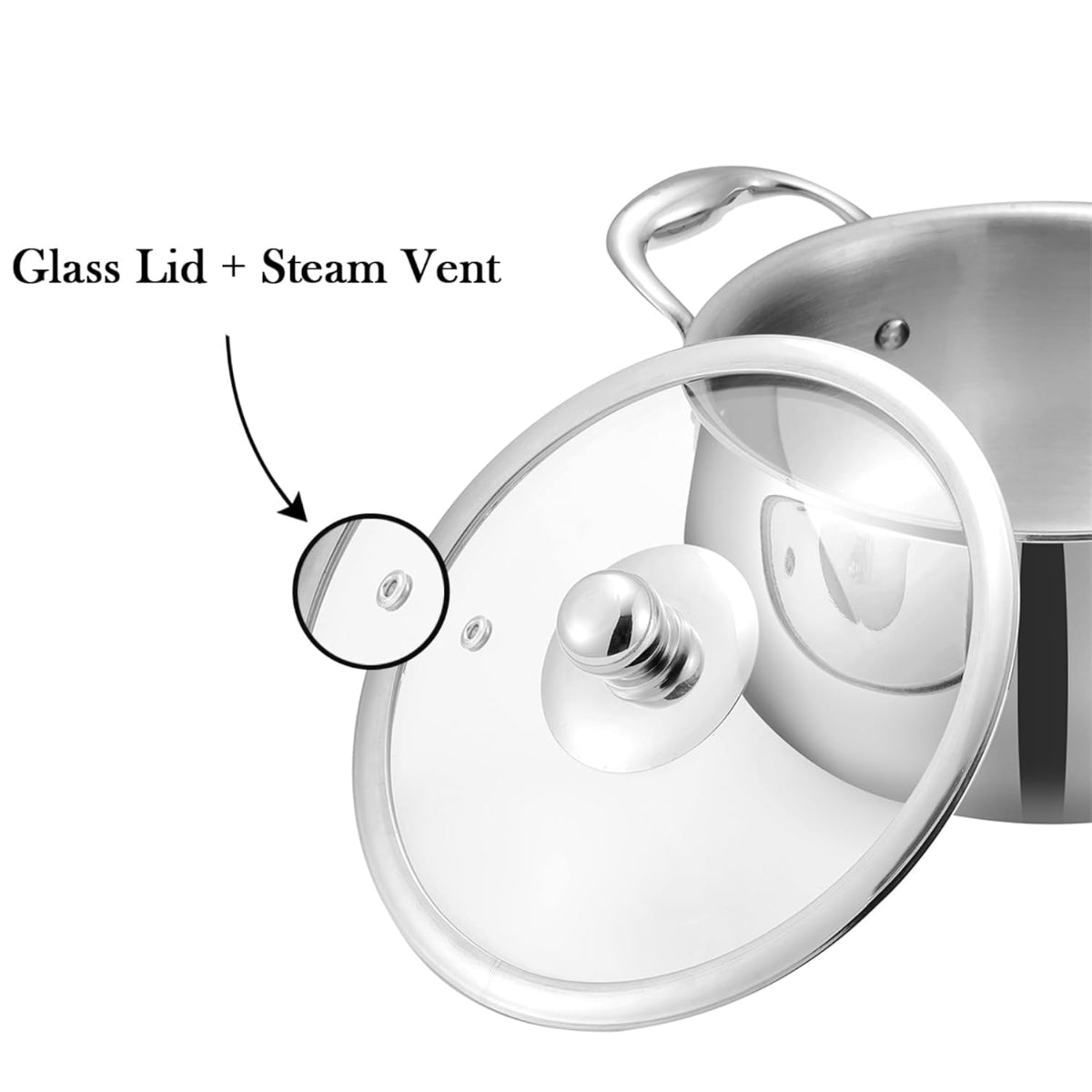 Vinod Platinum Triply Stainless Steel Medium Belly Saucepot With Glass Lid 2 Liter | Induction Base, Silver - PSOM16