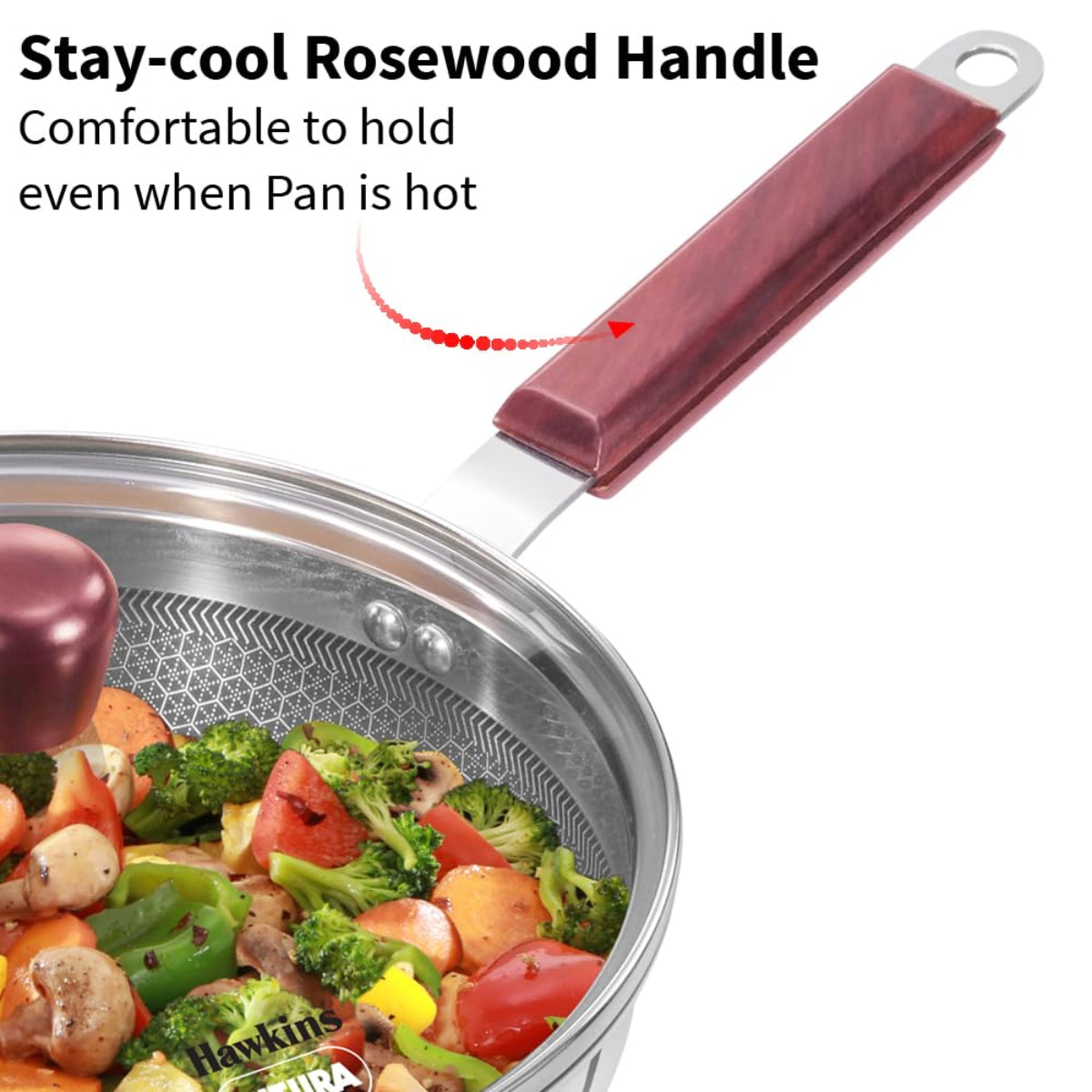 Hawkins 22 cm Triply Stainless Steel Shielded Nonstick Frying Pan with Glass Lid Wood Handle, Induction - NSF22G