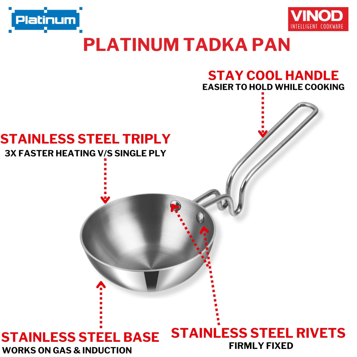 Vinod Platinum Triply Stainless Steel Tadka Pan Large - PTTPL