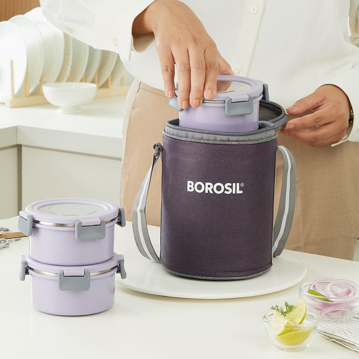Borosil Glory Lavender Stainless Steel Lunchbox with Bag | 3 pcs Round Container Set (280ml Each) | Microwavable Tiffin with Food Grade Steel | Leakproof & Dishwasher Safe | 1 Year Warranty