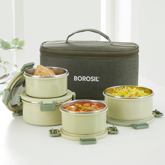 Borosil Glory Green Stainless Steel Lunchbox with Bag | 4 pcs Set (460 ml x 2 + 280 ml x 2) | Microwavable Tiffin with Food Grade Steel | Leakproof & Dishwasher Safe | 1 Year Warranty
